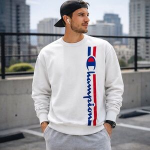 Vtg 90s Champion Reverse Weave Sweatshirt Size XL White Red and Blue Spellout